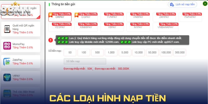 Các phương thức nạp tiền tại 88NN